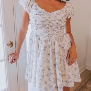 Ruched Puff-Sleeve Midi Dress in Lavender Floral -NWT